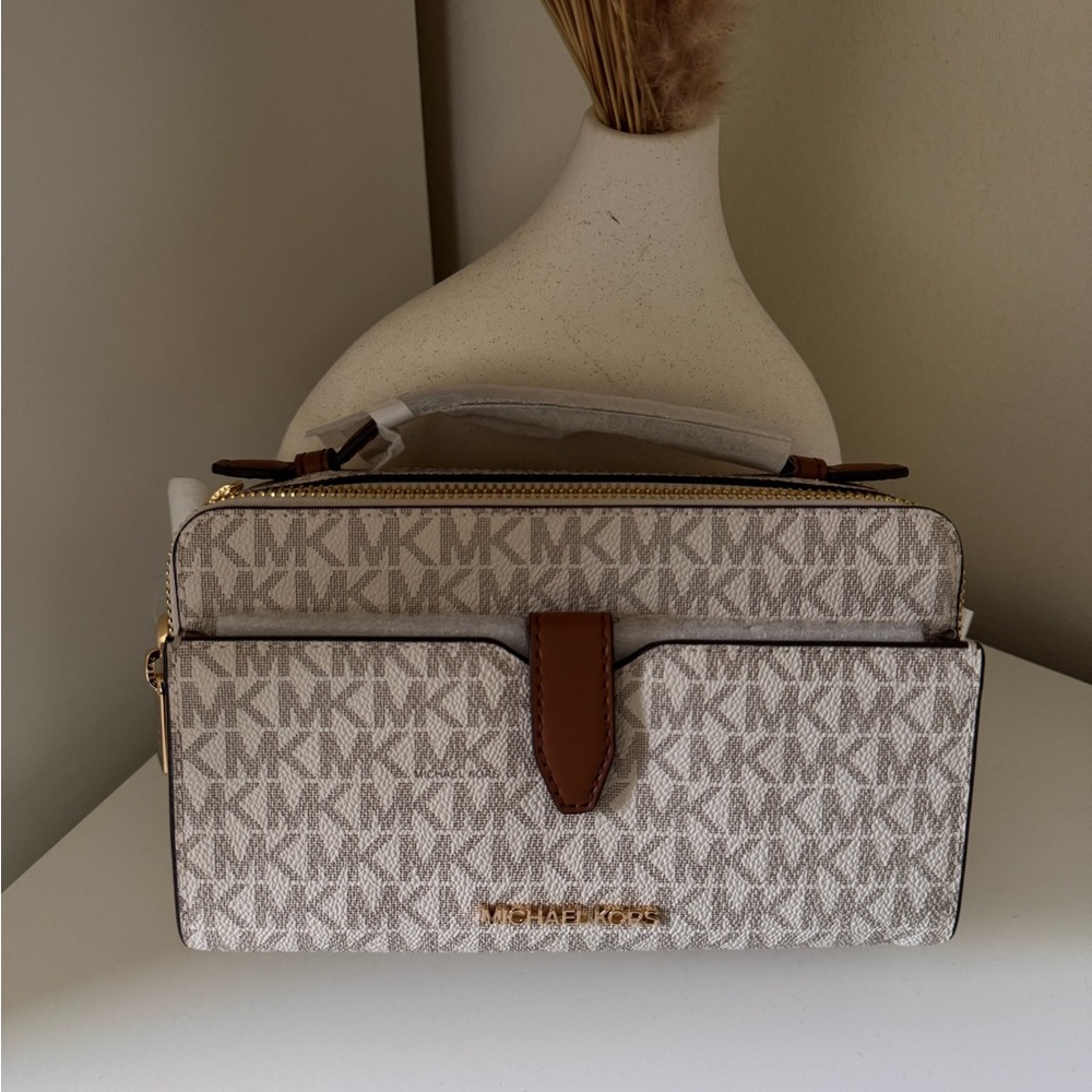 Michael Kors Brown and Cream Crossbody Bag with Monogram Pattern